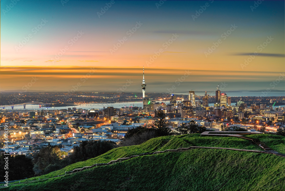Auckland Skyline Sunset Mount Eden Summit New Zealand
