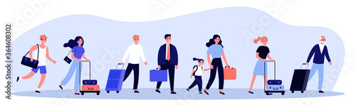 Happy tourists with suitcases walking together flat illustration. Group of people travelling abroad. Family with bags going from airport. Men and women during trip. Tourism and journey concept