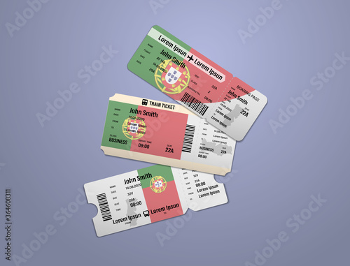 Modern design of Portugal airline, bus and train travel boarding pass. Three tickets of Portugal painted in flag color. Vector illustration isolated