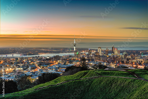 Auckland Skyline Sunset Mount Eden Summit New Zealand