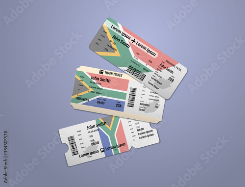 Modern design of South Africa airline, bus and train travel boarding pass. Three tickets of South Africa painted in flag color. Vector illustration isolated