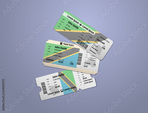 Modern design of Tanzania airline, bus and train travel boarding pass. Three tickets of Tanzania painted in flag color. Vector illustration isolated