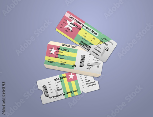 Modern design of Togo airline, bus and train travel boarding pass. Three tickets of Togo painted in flag color. Vector illustration isolated