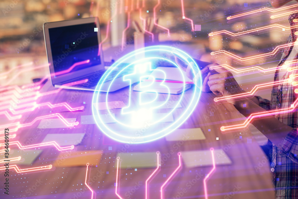 Double exposure of woman hands typing on computer and crypto market theme hologram drawing. Blockchain concept.