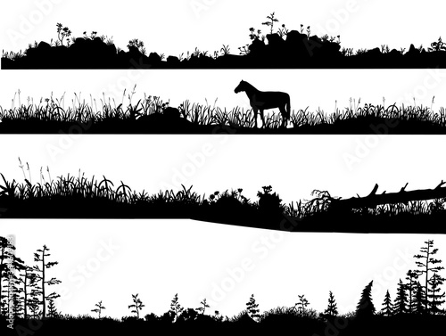 Realistic black and white vector set of silhouettes of the ground with grass, stones, flowers, spikelets, trees on it. Hand drawn isolated illustrations for work, design, banners, landscapes.