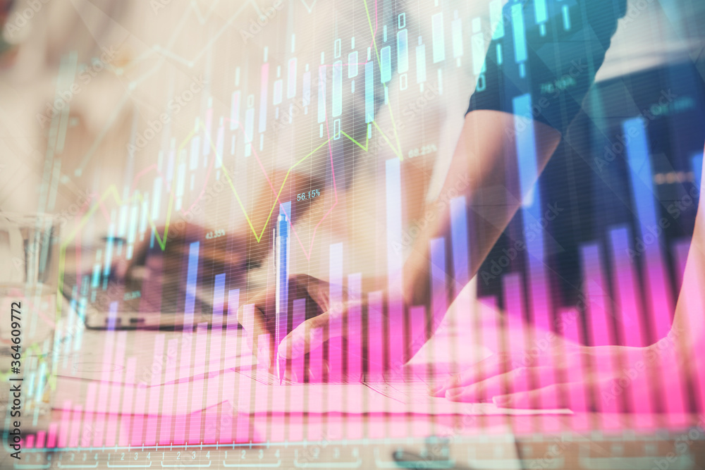Multi exposure of woman hands typing on computer and financial chart hologram drawing. Stock market analysis concept. Multi exposure of woman hands typing on computer and financial chart hologram drawing. Stock market analysis concept.