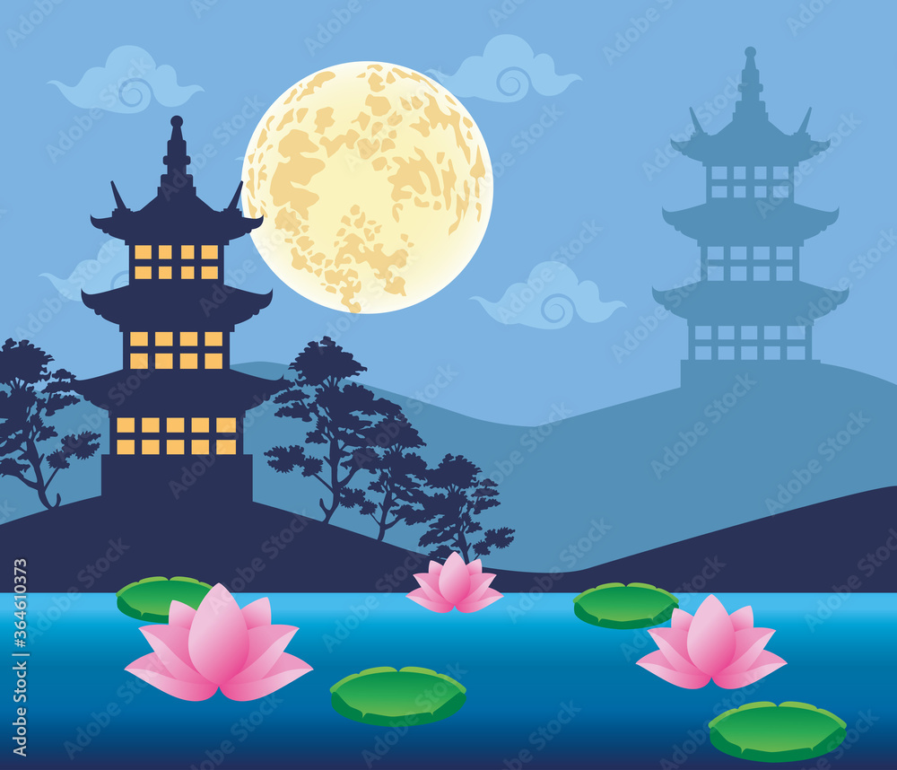 happy mid autumn festival card with castle and moon