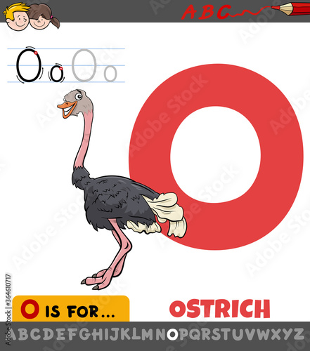 letter O worksheet with cartoon ostrich animal character