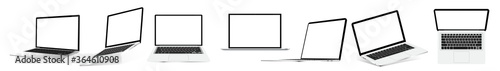Great collection laptop from different angles and position. Notebook with blank screen. Mockup generic 3D Realistic devices. Side, top view and isometric. Set laptop for presentation product. Vector