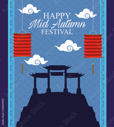 happy mid autumn festival card with lanterns hanging and chinese archs
