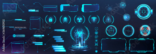 Digital set with HUD elements (Callouts titles, Holograms projectors, circle sky-fi gadgets, frames) VR elements and shapes. Futuristic information bars and digital elements for App, GUI, UI, UX.