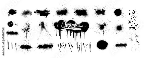 Graffiti spray and dirty grunge splash collection. Isolated set with great detail. Spray paint shapes with smudges and drops. Graffiti template mockups. Vector photo