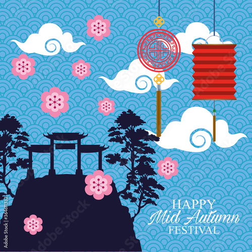 happy mid autumn festival card with lanterns hanging and chinese archs