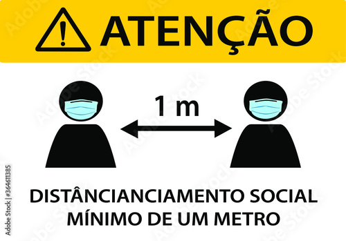 keep social distancing sign, minimum distance of one meter, written in Portuguese, vector illustration