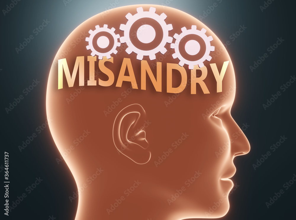 Misandry inside human mind - pictured as word Misandry inside a head with cogwheels to symbolize that Misandry is what people may think about and that it affects their behavior, 3d illustration Misandry inside human mind - pictured as word Misandry inside a head with cogwheels to symbolize that Misandry is what people may think about and that it affects their behavior, 3d illustration