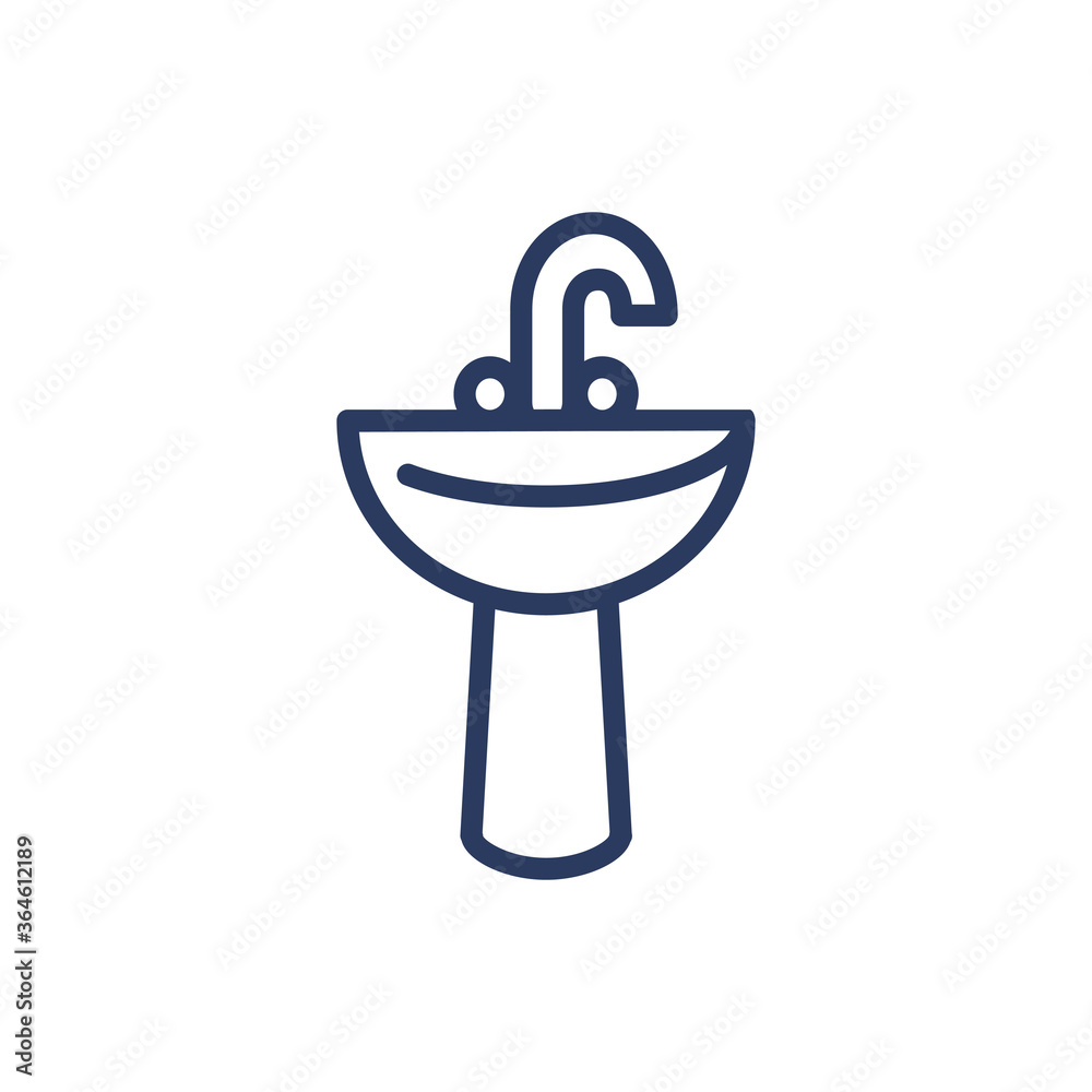 Sink and tap thin line icon. Washing, valve, hand isolated outline sign. Plumbing and equipment concept. Vector illustration symbol element for web design and apps Sink and tap thin line icon. Washing, valve, hand isolated outline sign. Plumbing and equipment concept. Vector illustration symbol element for web design and apps