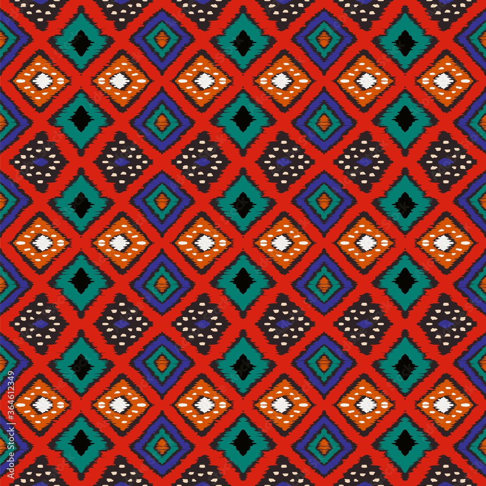 Ikat geometric folklore ornament with diamonds. Tribal ethnic vector texture. Seamless striped pattern in Aztec style. Folk embroidery. Indian, Scandinavian, Gypsy, Mexican, African rug.