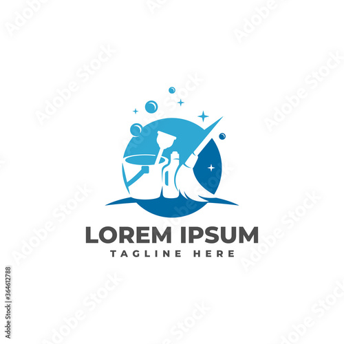 Cleaning Service with Mop Sparkling Logo Vector Icon Illustration