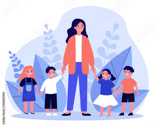 Kindergarten teacher walking with kids. Positive young woman leading happy kids by hands outdoors. illustration for pedagogy, preschool, primary school, education concept
