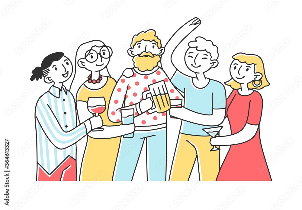 Friends drinking alcohol at party flat illustration. Happy teenager characters smiling, clinking of glasses and rousing cheers together. Celebrating and friendship concept Friends drinking alcohol at party flat illustration. Happy teenager characters smiling, clinking of glasses and rousing cheers together. Celebrating and friendship concept