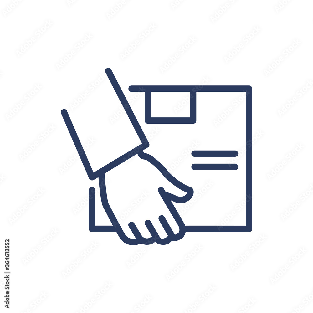 Box in courier hands thin line icon. Carriage, commerce, shipment isolated outline sign. Delivery service and distribution concept. Vector illustration symbol element for web design and apps