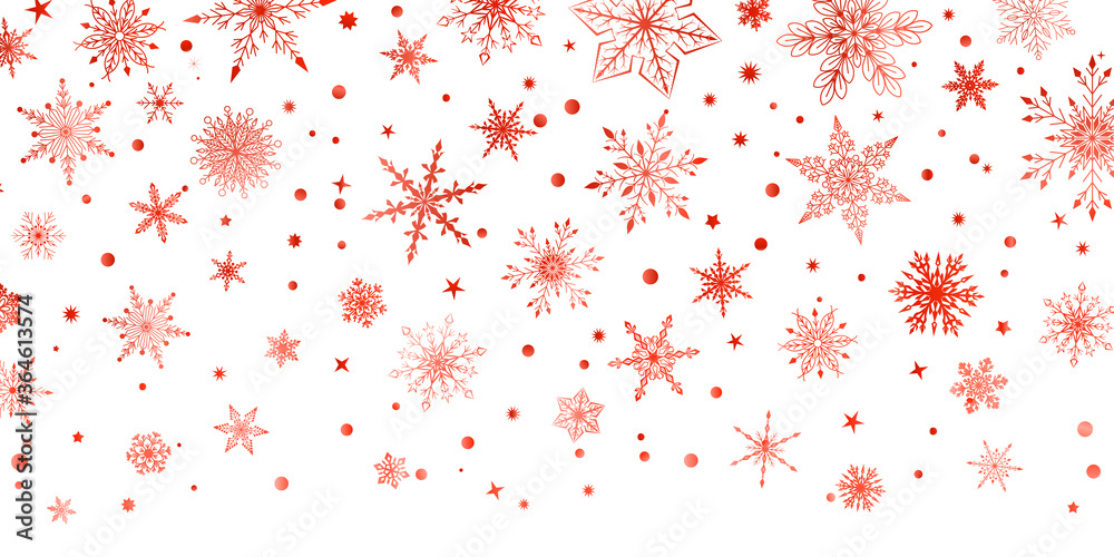 Christmas background with various complex big and small snowflakes, red on white - obrazy, fototapety, plakaty 