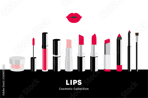 lip cosmetic product set. lipstick, Gloss, balm, cream, pencil. Makeup artist tool. Liquid, matt, glossy. Trendy Beauty isolated concept. Modern pop art style poster. Simple flat vector illustration.