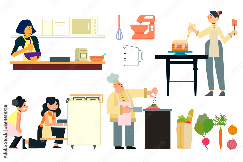 collection of people cooking, cooking cake, fouet, food mixer, cooker, microwave, radish, salad, chef, banquet, carrot, onion