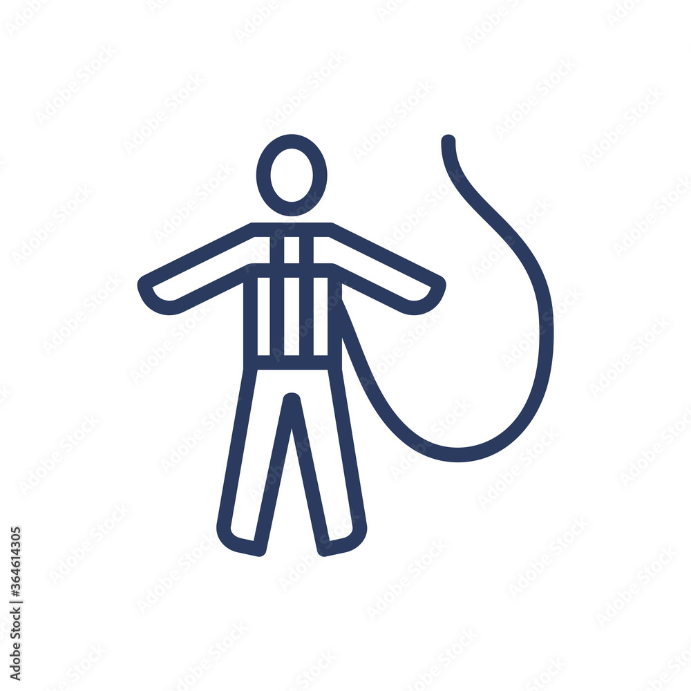 Fall protection harness thin line icon. Constriction, worker, wearing isolated outline sign. Work safety and protection concept. Vector illustration symbol element for web design and apps Fall protection harness thin line icon. Constriction, worker, wearing isolated outline sign. Work safety and protection concept. Vector illustration symbol element for web design and apps