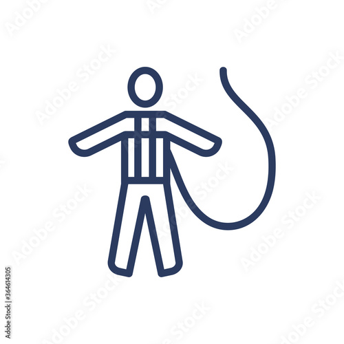 Fall protection harness thin line icon. Constriction, worker, wearing isolated outline sign. Work safety and protection concept. Vector illustration symbol element for web design and apps