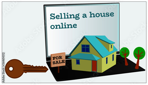 Selling a house online. The house built on the keyboard od a computer, key from the house. Vector illustration.