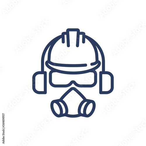 Full head protective set thin line icon. Glasses, respirator, earmuff isolated outline sign. Work safety and protection concept. Vector illustration symbol element for web design and apps