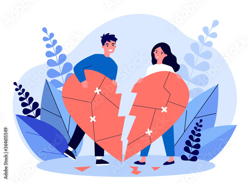 Smiling couple restoring broken heart flat illustration. Happy man and woman solving problems and returning their love. Relationship and romance concept.