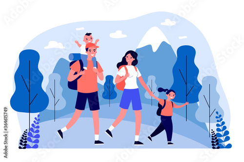 Active happy family travelling together in mountains flat illustration. Father, mother and children hiking and camping with backpack at nature. Trip and holiday concept.