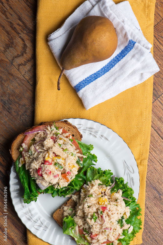 Tuna salad sandwich. Classic traditional American lunch menu item favorite, tuna fish sandwich