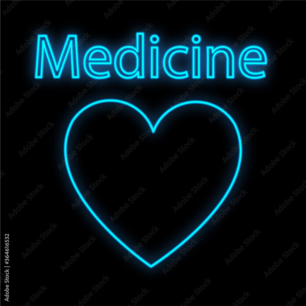 Bright luminous blue medical digital neon sign for a pharmacy or hospital store beautiful shiny with a heart and the inscription medicine on a black background. Vector illustration Bright luminous blue medical digital neon sign for a pharmacy or hospital store beautiful shiny with a heart and the inscription medicine on a black background. Vector illustration