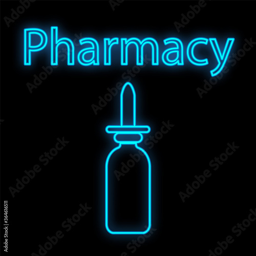 Bright luminous blue medical digital neon sign for a pharmacy or hospital store beautiful shiny with drops and sprays and the inscription pharmacy on a black background. Vector illustration