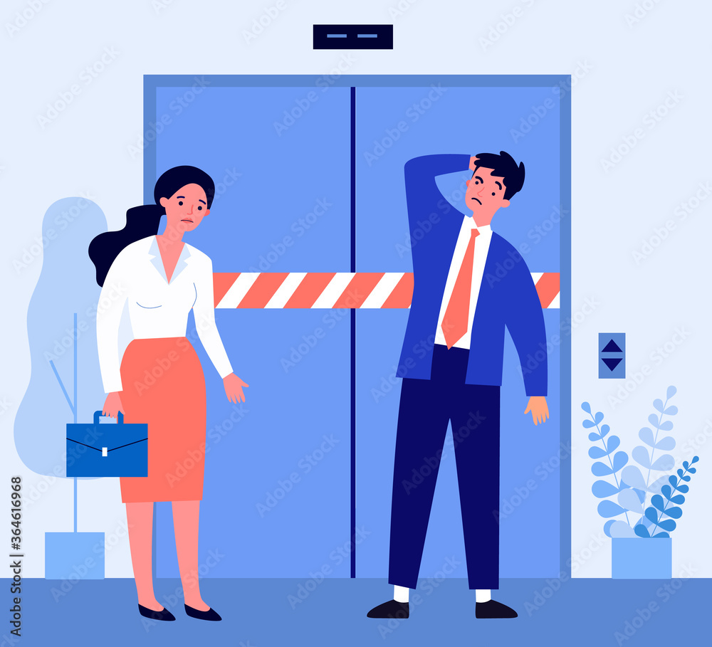 Obraz premium Sad man and woman standing in front of broken elevator. Employee, job, office flat vector illustration. Mechanism and repair concept for banner, website design or landing web page
