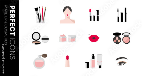 Beauty and makeup icons. Set of cosmetics. Makeup and cosmetics products and tools with lipstic makeup brushes eyeshadow mascara. Vector flat design. Infographics.