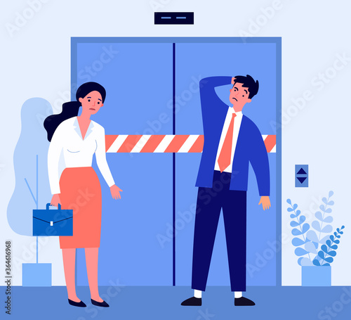 Sad man and woman standing in front of broken elevator. Employee, job, office flat vector illustration. Mechanism and repair concept for banner, website design or landing web page