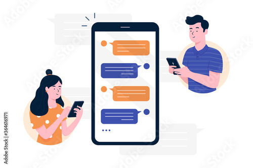 Chat messages smartphone, Sms on mobile phone screen. Man, woman couple chatting, Messaging using chat app or social network. Two persons cellphone conversation sending messages. vector illustration.