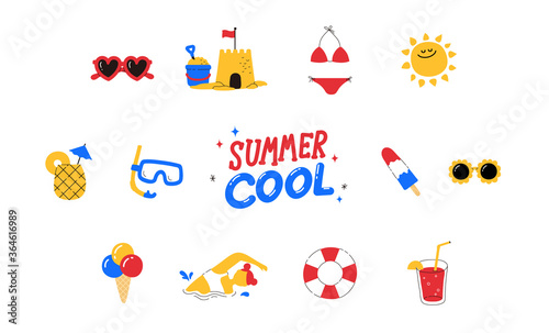 Set of cute summer icon : Sun, Sunglass, food, drinks, pineapple, Swimsuit, Swimming goggles, Sandcastle. Bright summertime poster. Collection of scrapbooking elements for beach party. doodle line