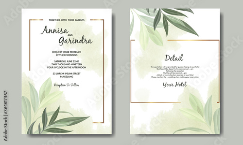  Elegant wedding invitation card with    leaves template Premium Vector