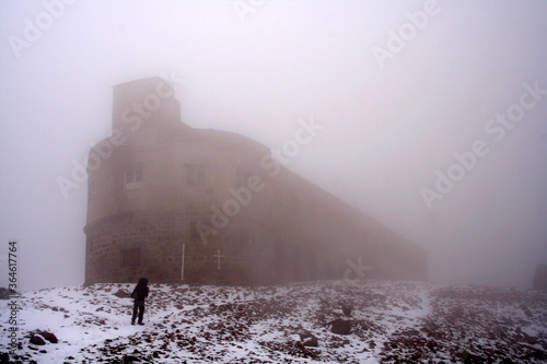 Bethlemi Mountain House (Meteo Station) at Mount Kazbek in Georgia. Mount Kazbek is highest mountain in Georgia. photo