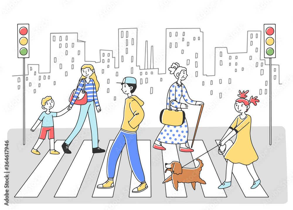 People walking through crosswalk to another side flat illustration. Pedestrians at road with cityscape at background. Human evolution theory lifestyle, traffic and city concept