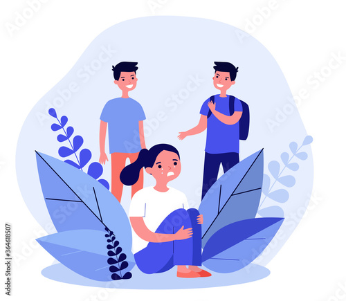 Girl crying when two boys laughing. Abuse, insulting, tear flat vector illustration. Communication and social problem concept for banner, website design or landing web page