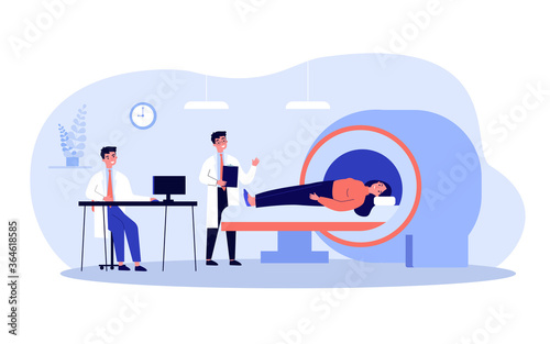 Doctors examining patient brain with MRI scanner, using modern medical technology for brain disease diagnosis. Vector illustration for hospital equipment, oncology, radiology concept