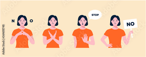 Woman is showing a gesture No. negative, opposite gestures set. woman protested holding a sign with the words No. No means no concept, stop here. flat design style minimal vector illustration.