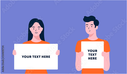 young people holding showing displaying white blank board banner poster. man and woman showing blank signboard, with copyspace area for your text or slogan. flat style vector design illustrations.
