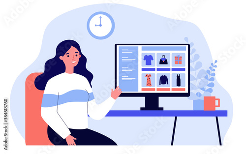 Young woman choosing clothes in online shop. Marketing, computer, store flat vector illustration. Shopping and digital technology concept for banner, website design or landing web page